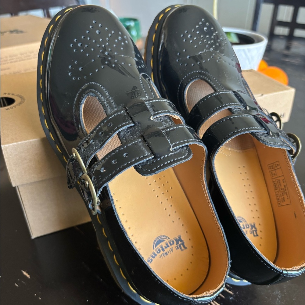 Dr. Martens adult Black Patent Mary Jane with Yellow Welt Stitching